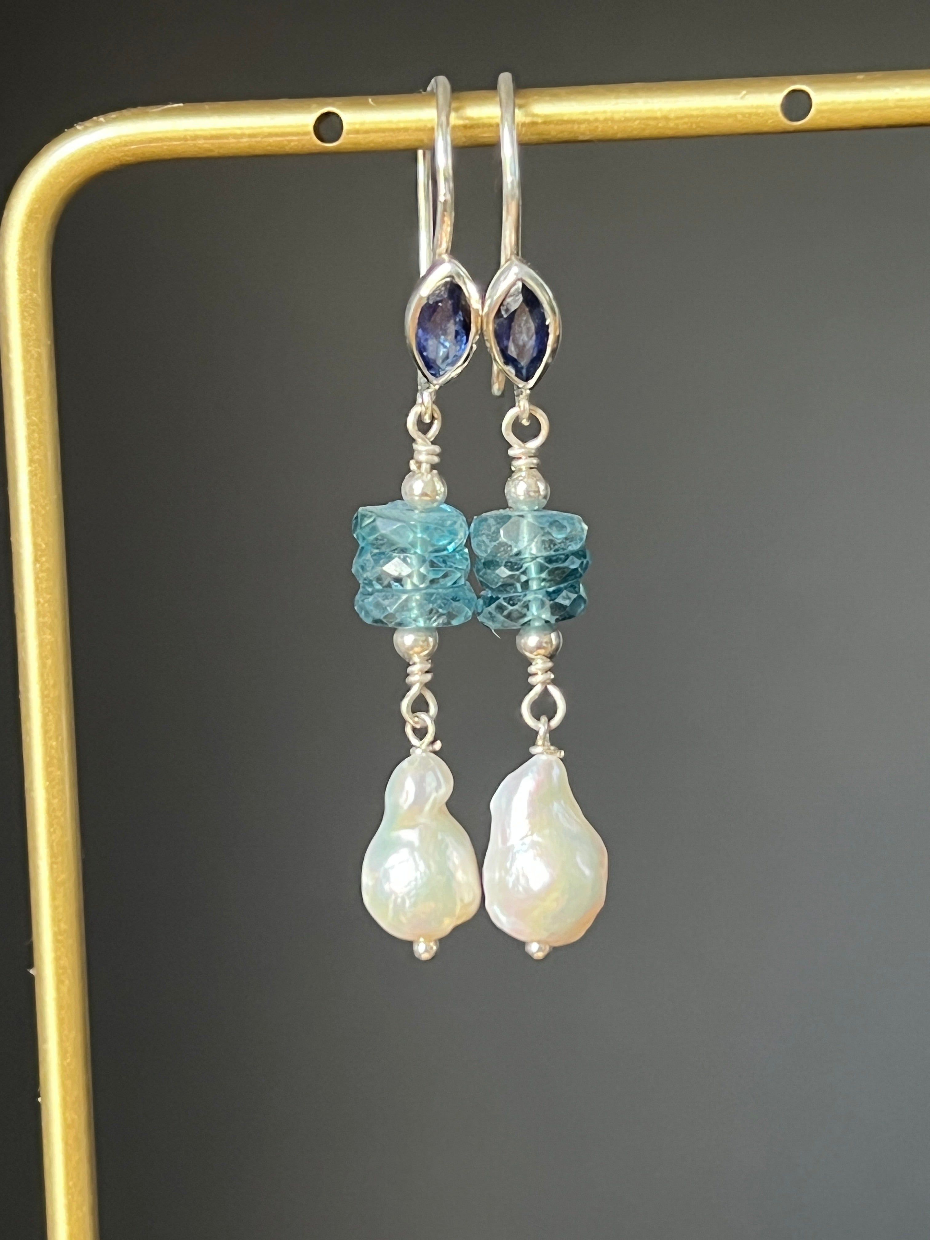 Saphire, Blue Topaz & Baroque Pearl Earrings