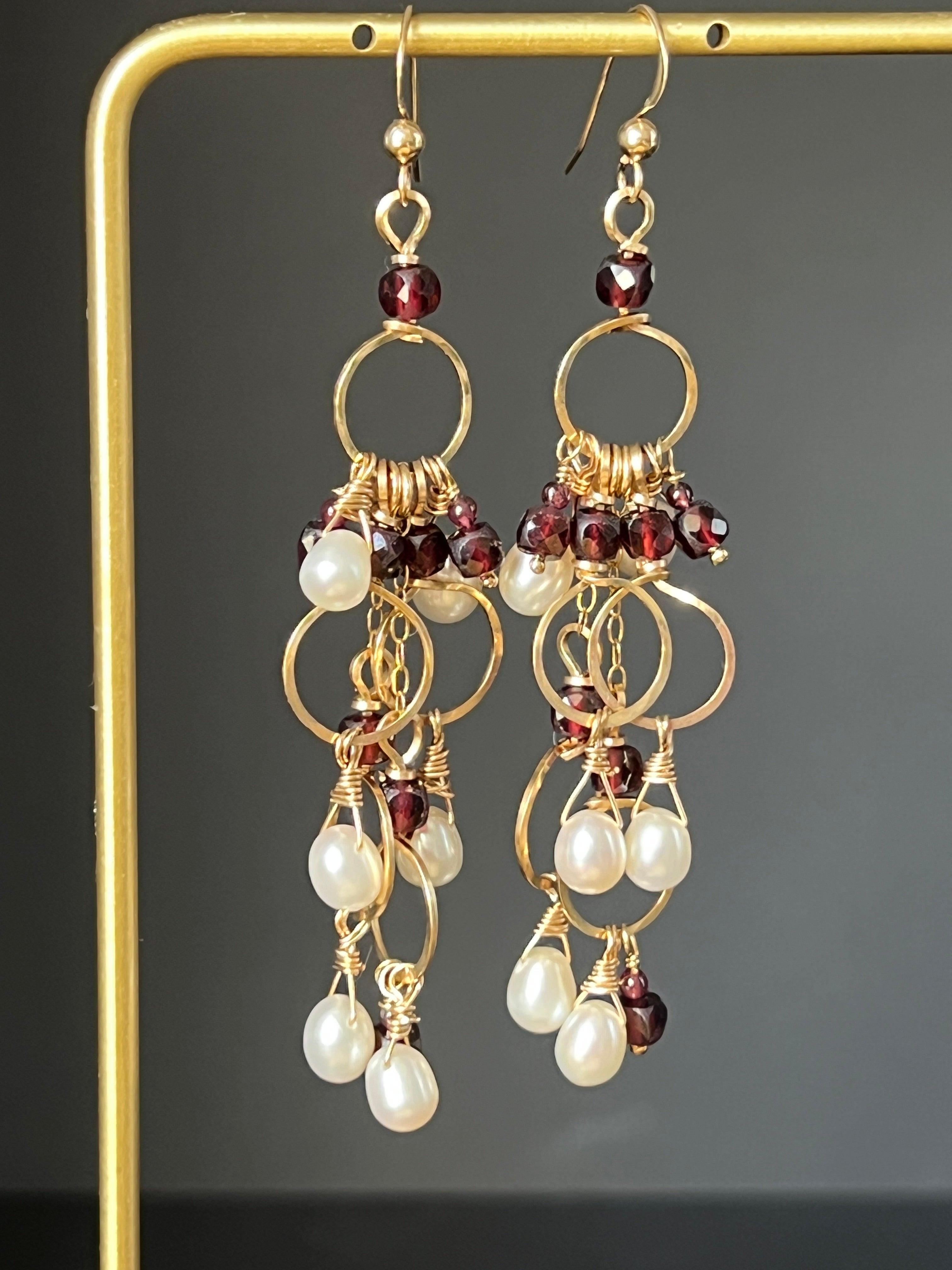 Catherine Garnet and Pearl Chandelier Earrings