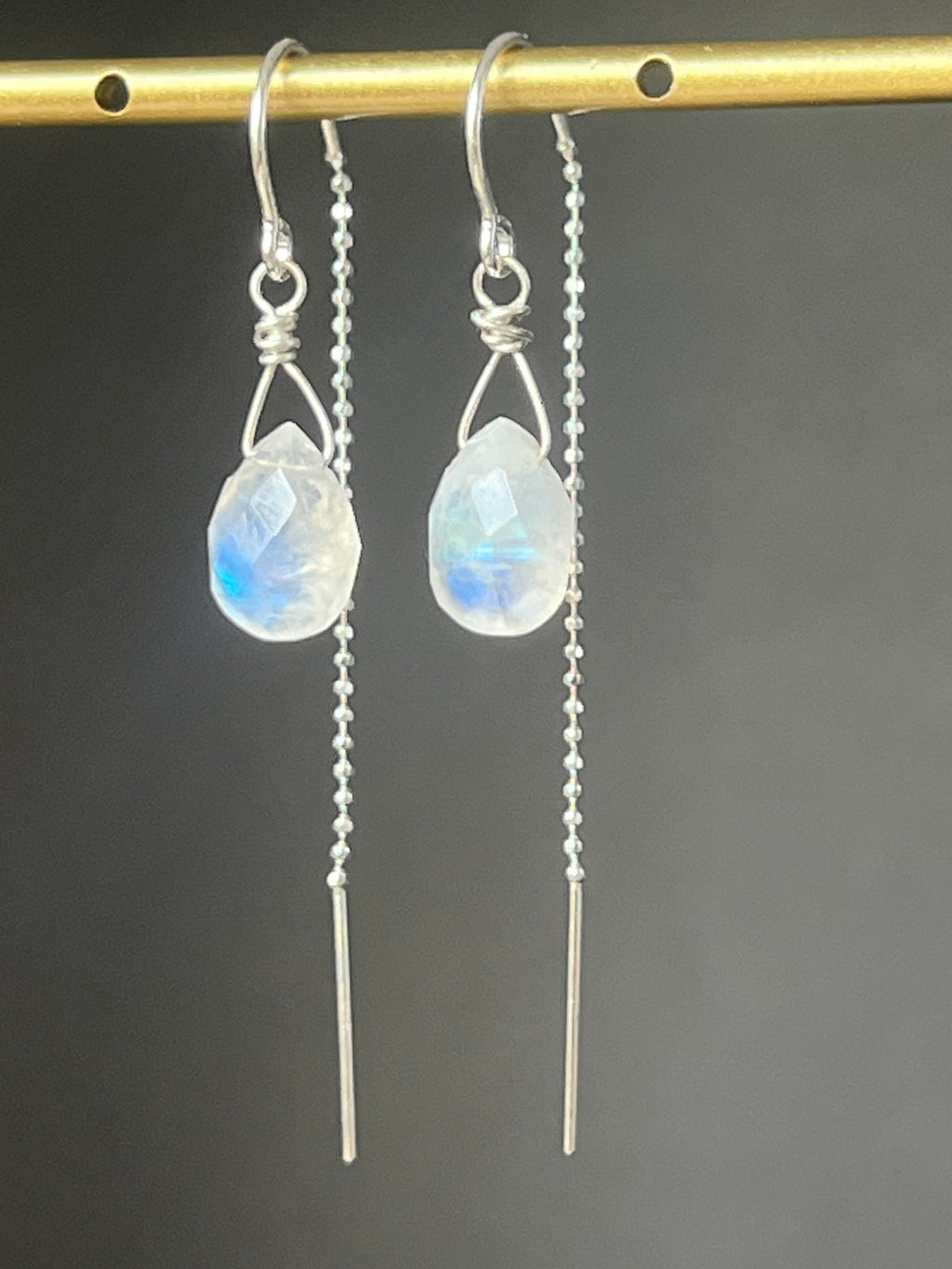 Celestial Moonstone Threader Earrings in Sterling Silver
