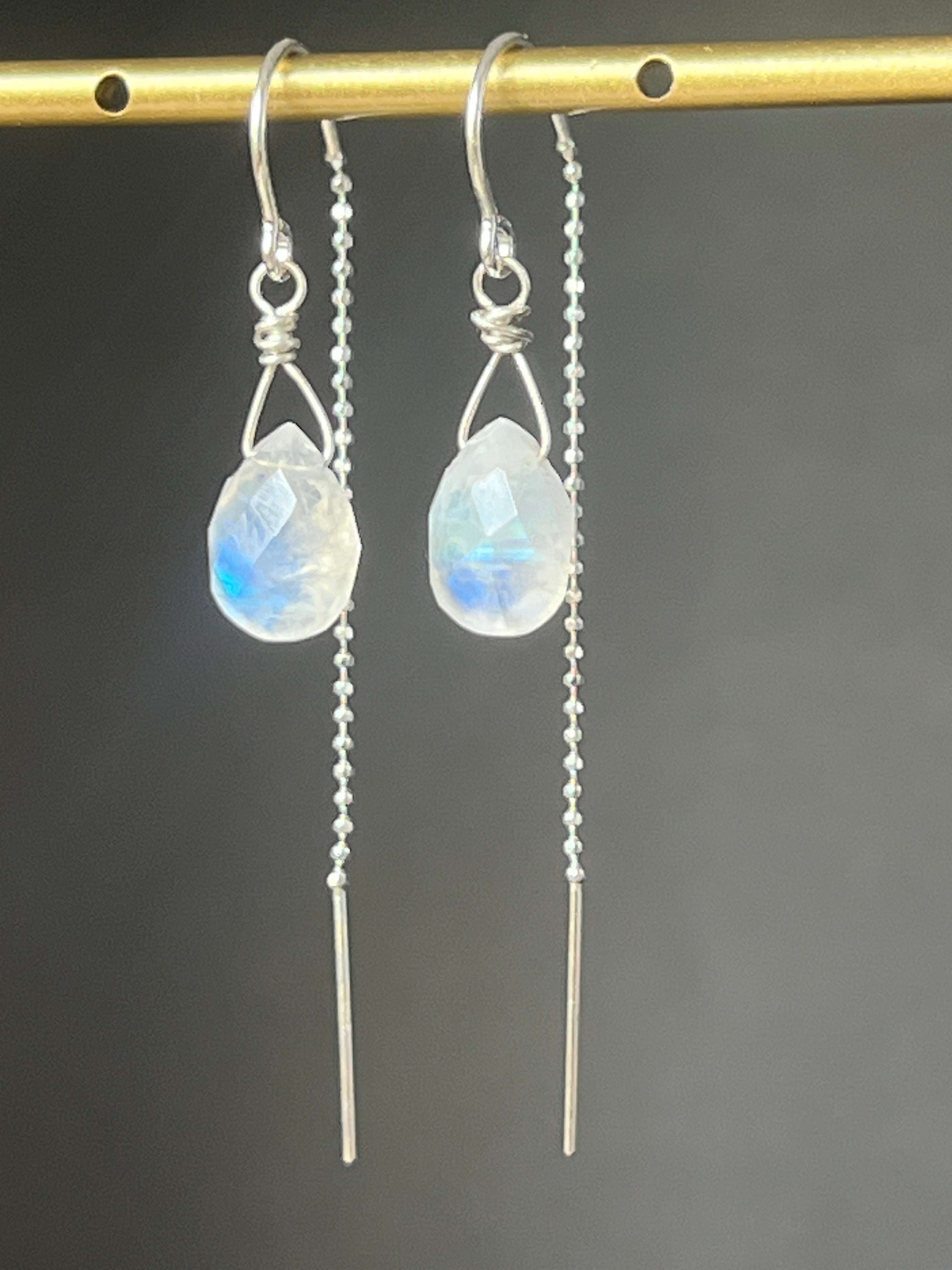 Celestial Moonstone Threader Earrings in Sterling Silver