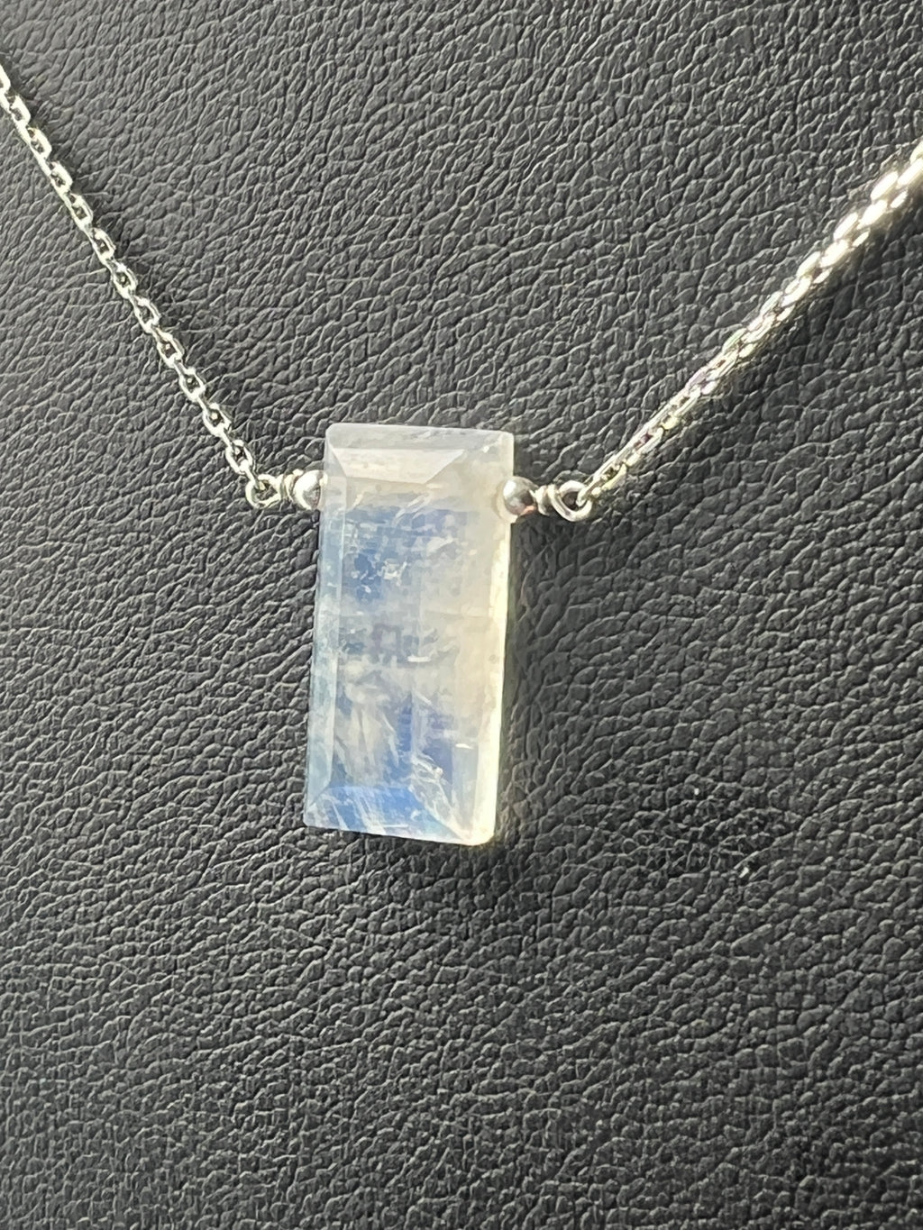 Delicate Rainbow Moonstone Bar Necklace in Sterling Silver