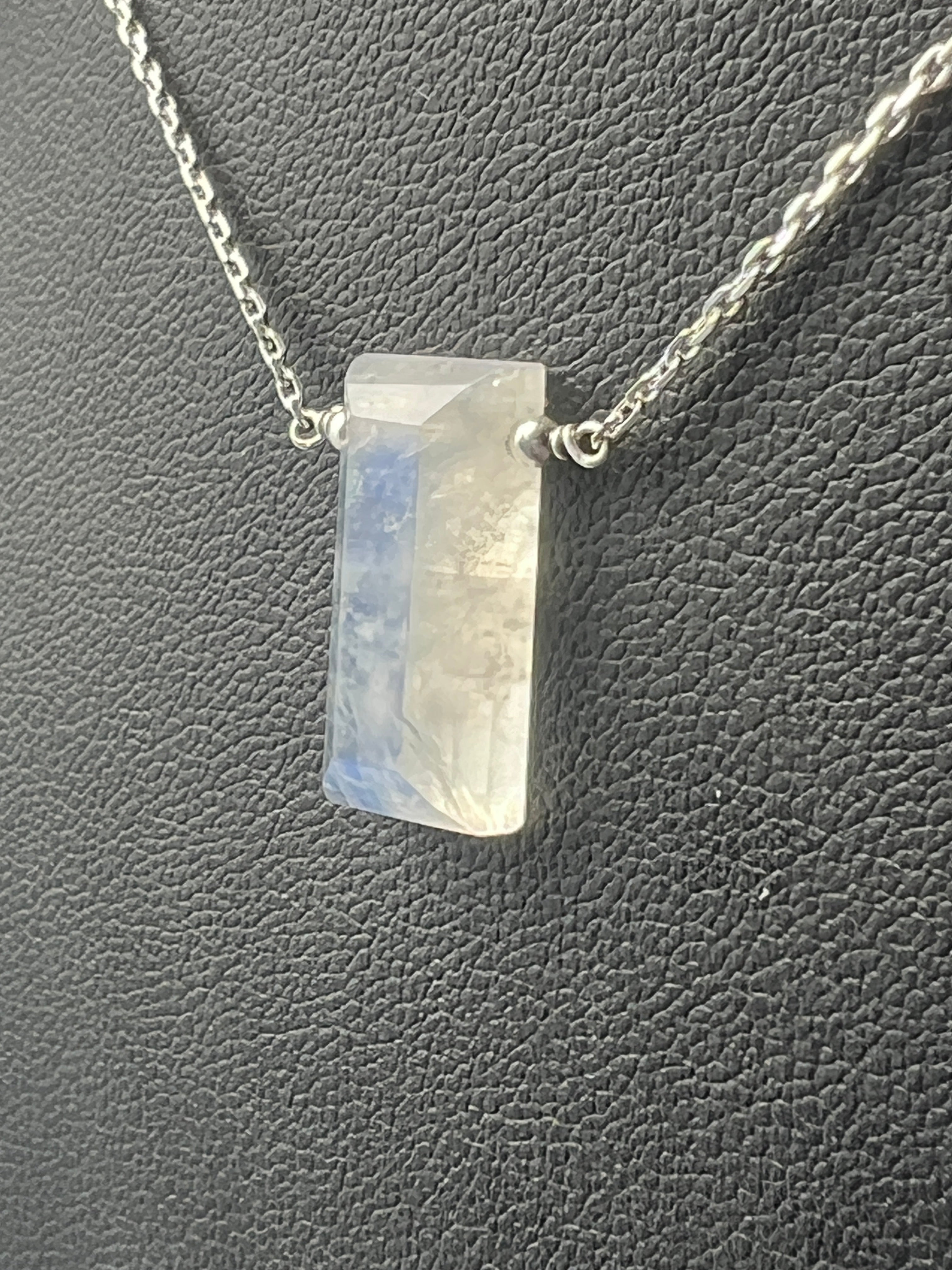 Delicate Rainbow Moonstone Bar Necklace in Sterling Silver