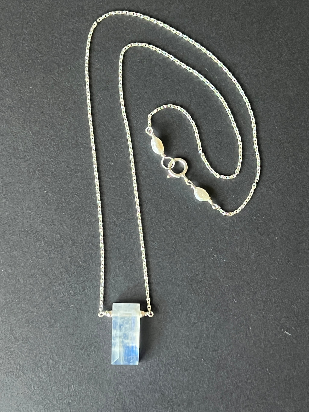 Delicate Rainbow Moonstone Bar Necklace in Sterling Silver