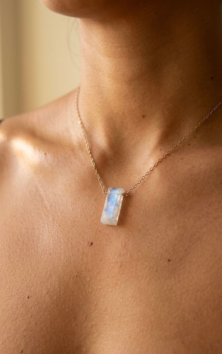 Delicate Rainbow Moonstone Bar Necklace in 14K Gold Fill