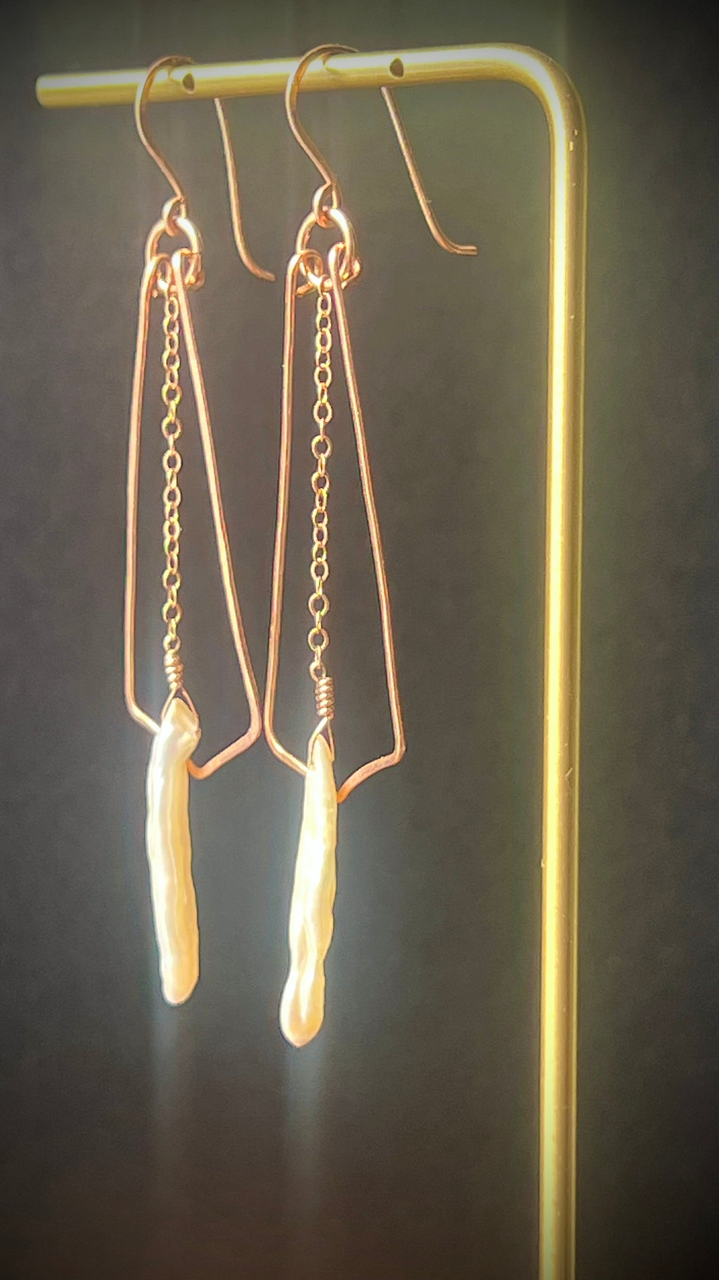 Romantic Stick Pearl and 14K Rose Gold Filled Dangle Earrings by Studio MS Indie Jewelry