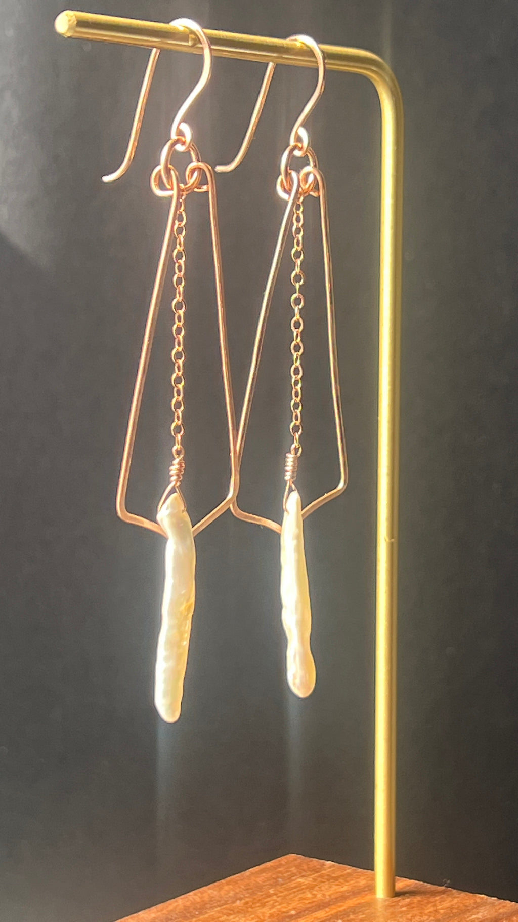 Romantic Stick Pearl and 14K Rose Gold Filled Dangle Earrings by Studio MS Indie Jewelry