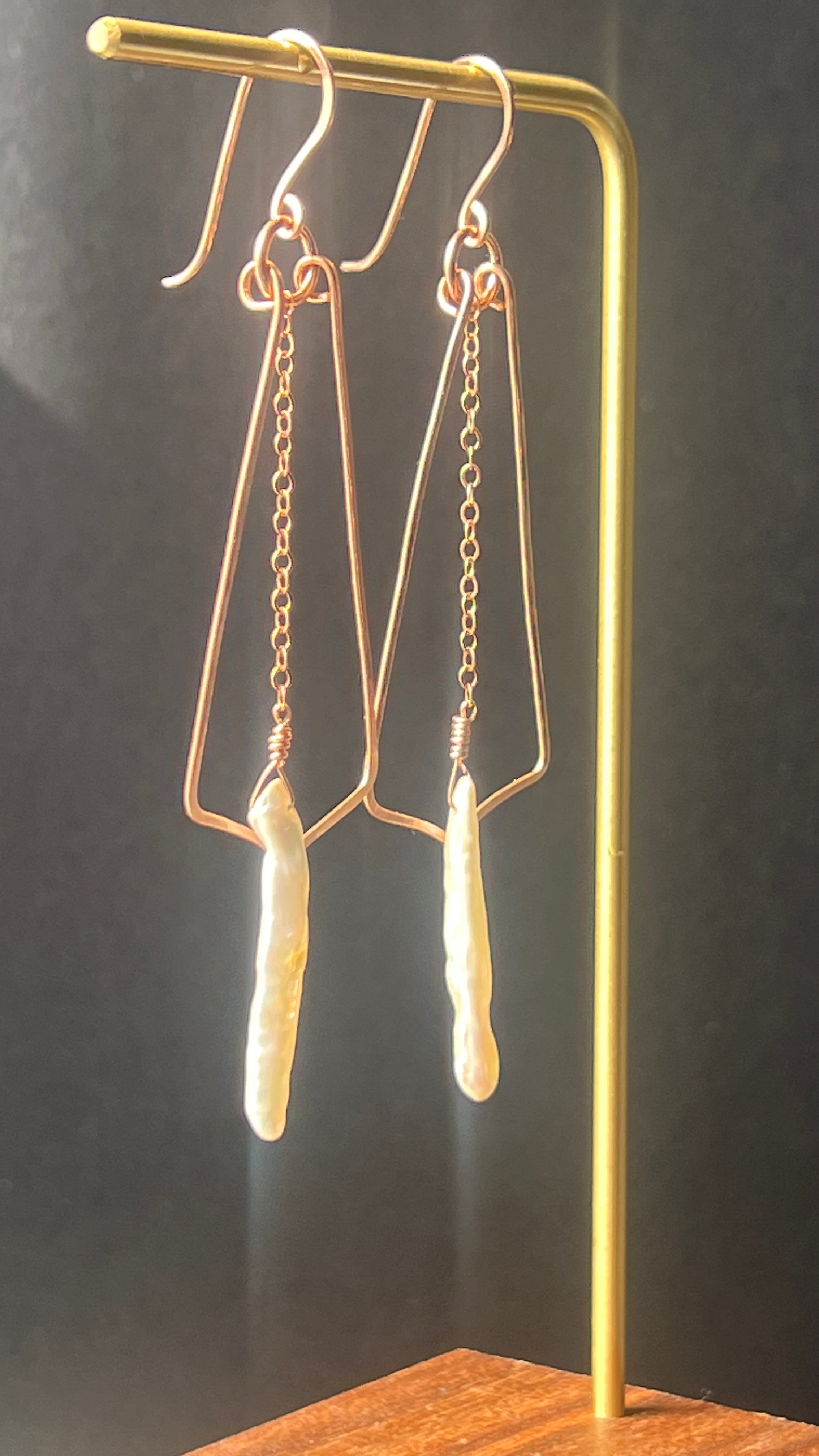Romantic Stick Pearl and 14K Rose Gold Filled Dangle Earrings by Studio MS Indie Jewelry