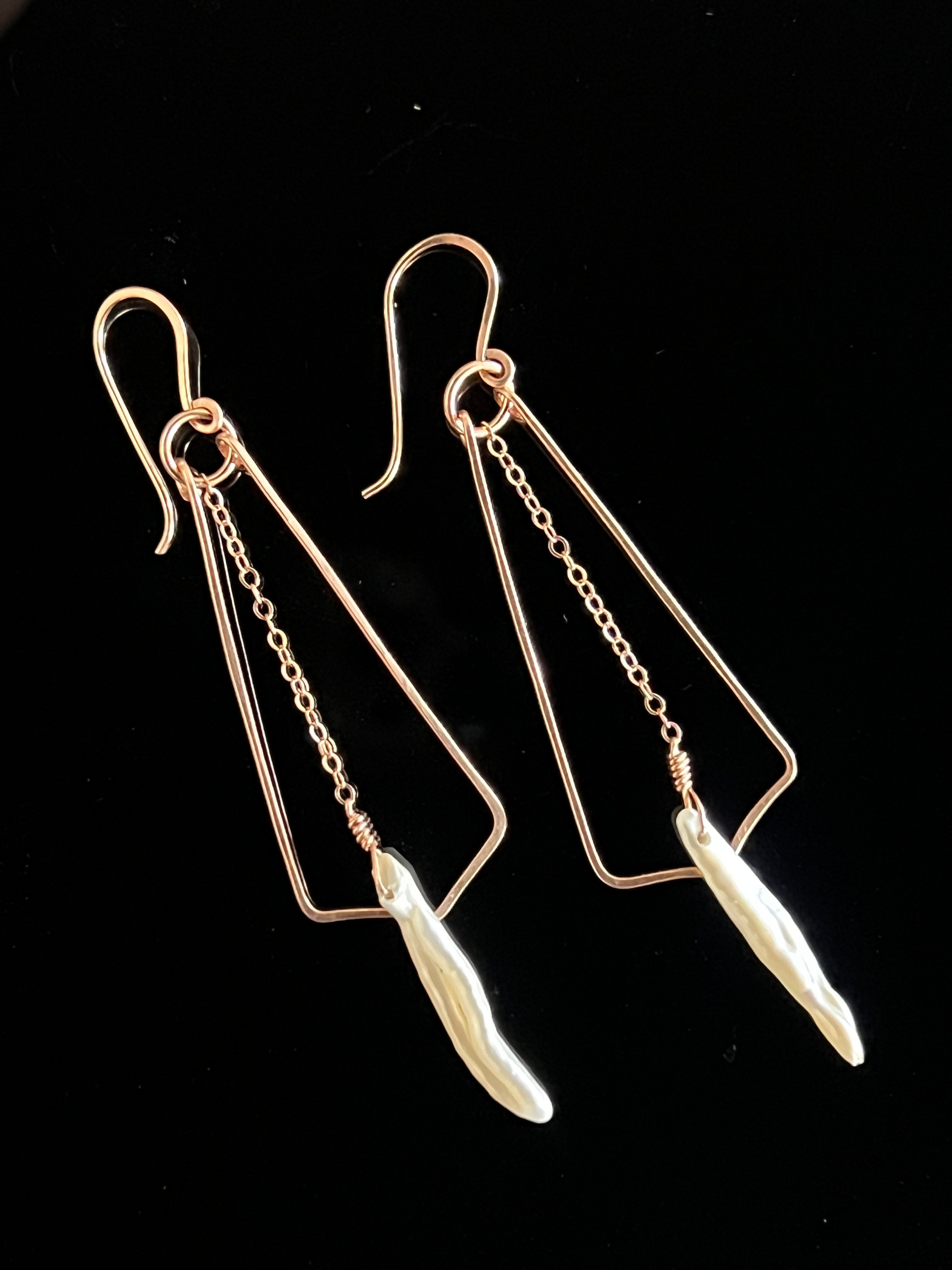 Romantic Stick Pearl and 14K Rose Gold Filled Dangle Earrings by Studio MS Indie Jewelry
