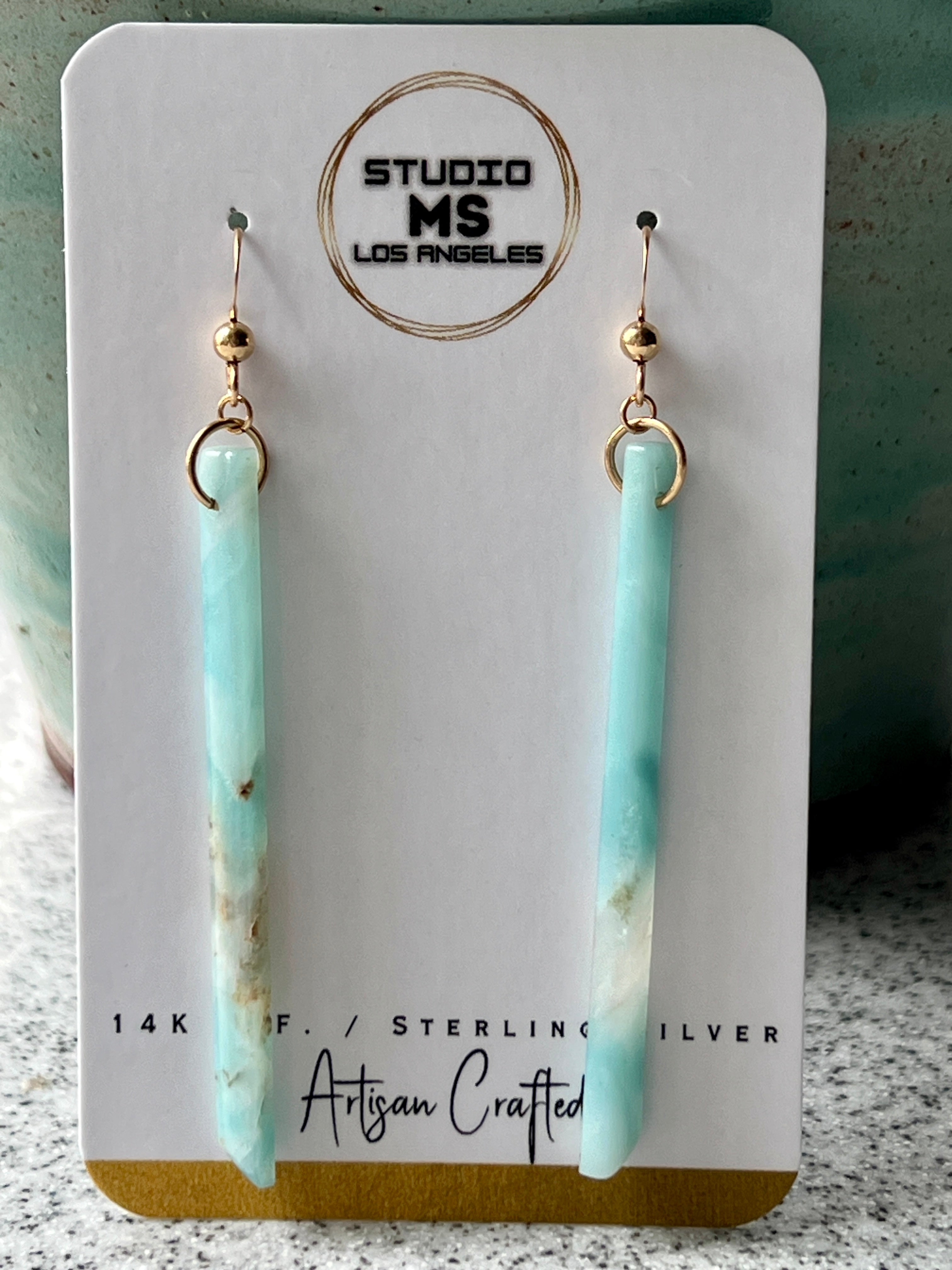 Amazonite long bar earrings on Studio MS Los Angeles jewelry card, labeled 14K Gold Fill, Sterling Silver, Artisan Crafted