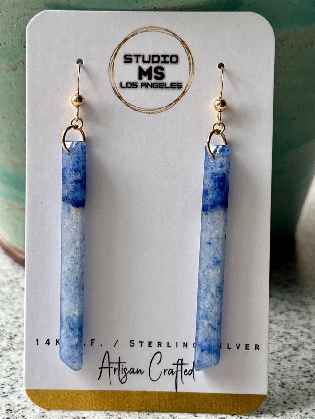 Studio MS blue aventurine bar earrings in anti-tarnish packaging, handmade indie jewelry

