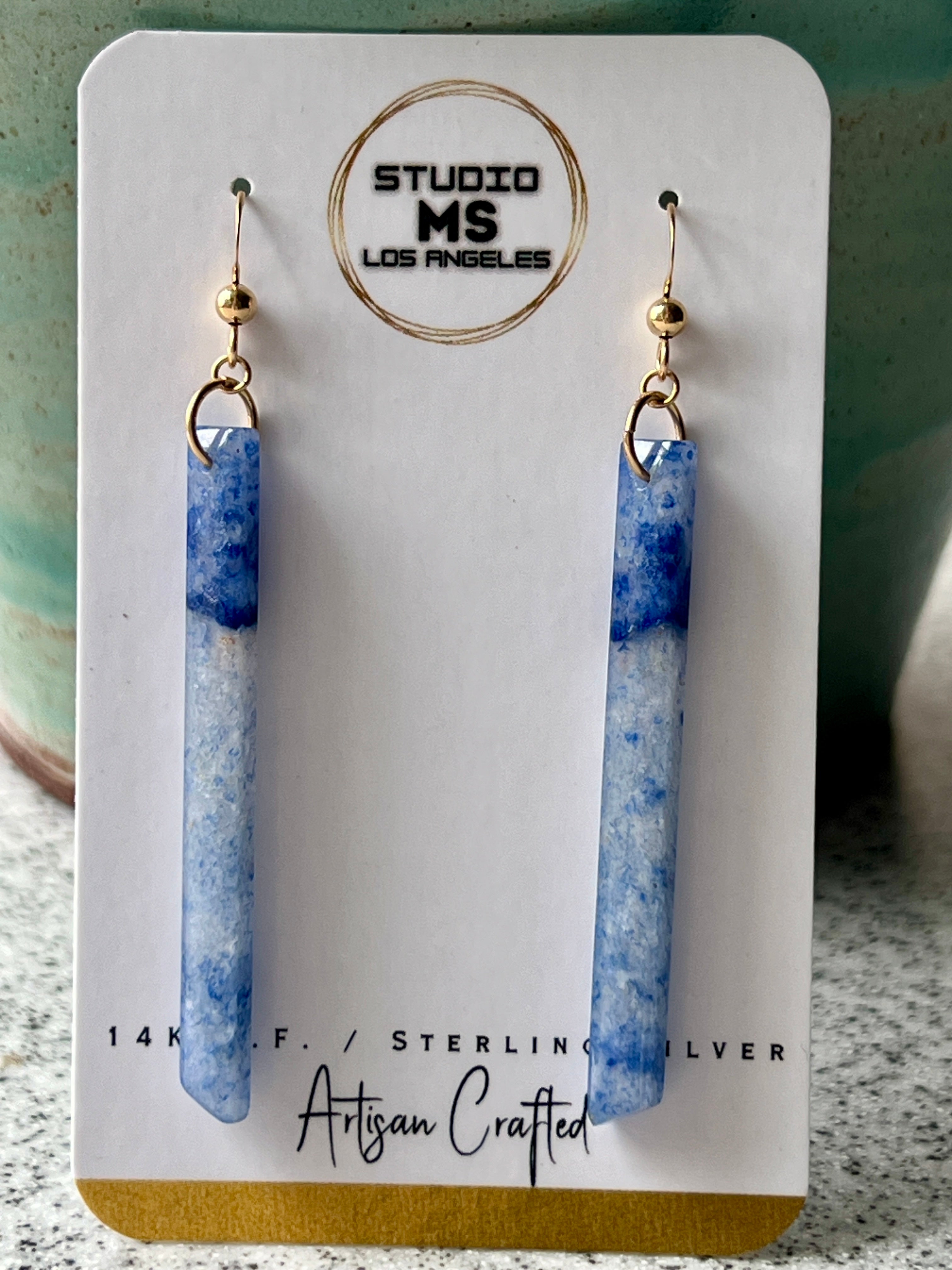 Studio MS blue aventurine bar earrings in anti-tarnish packaging, handmade indie jewelry
