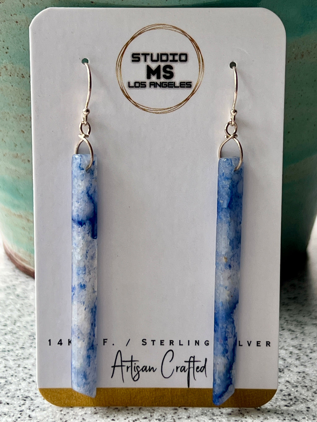 Blue aventurine long bar earrings on Studio MS Los Angeles jewelry card, labeled Sterling Silver, Artisan Crafted