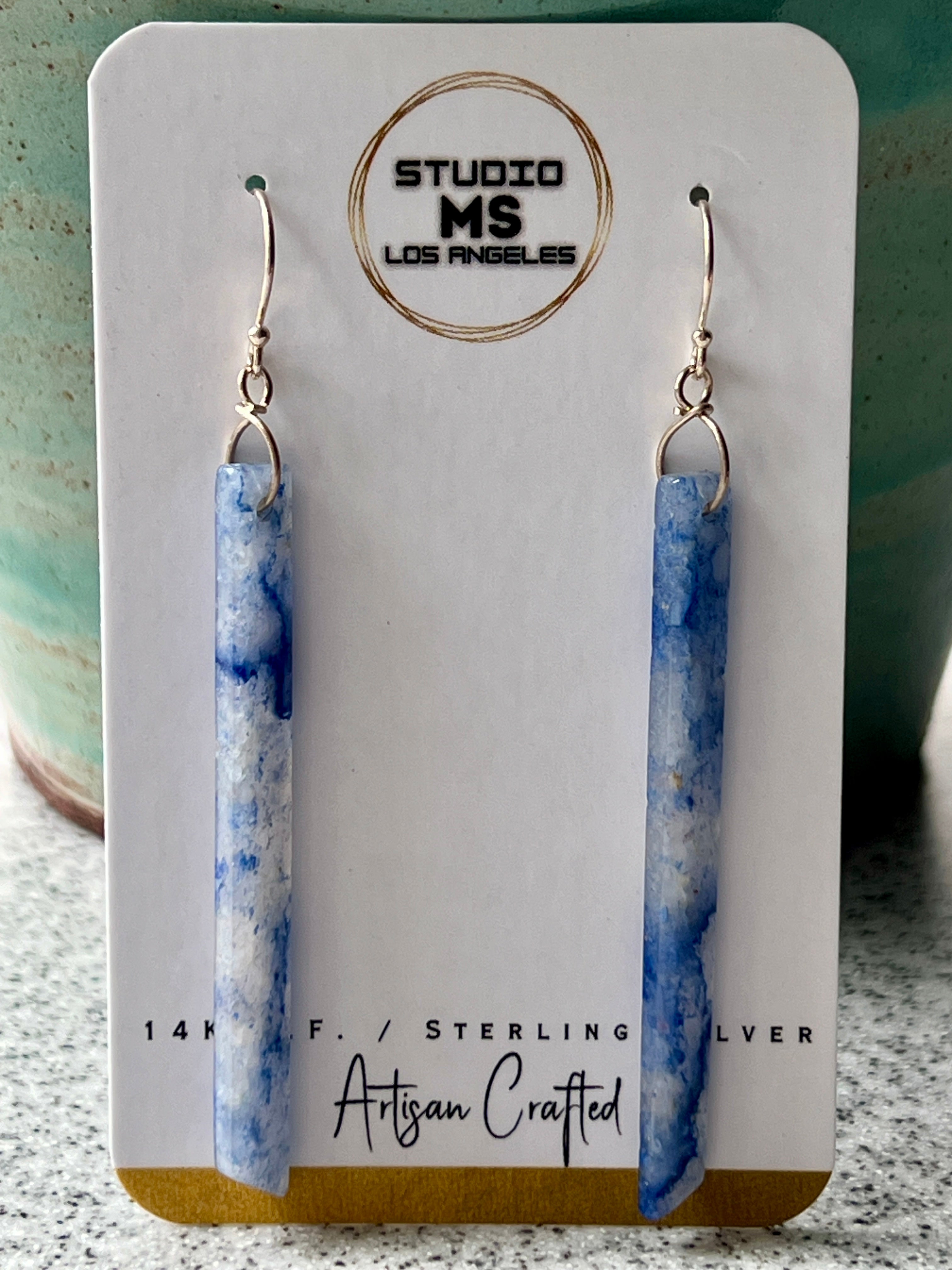 Blue aventurine long bar earrings on Studio MS Los Angeles jewelry card, labeled Sterling Silver, Artisan Crafted