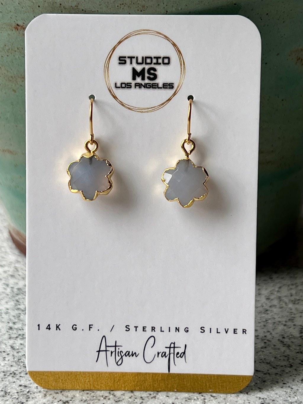 Blue chalcedony flower earrings on Studio MS Los Angeles earring card