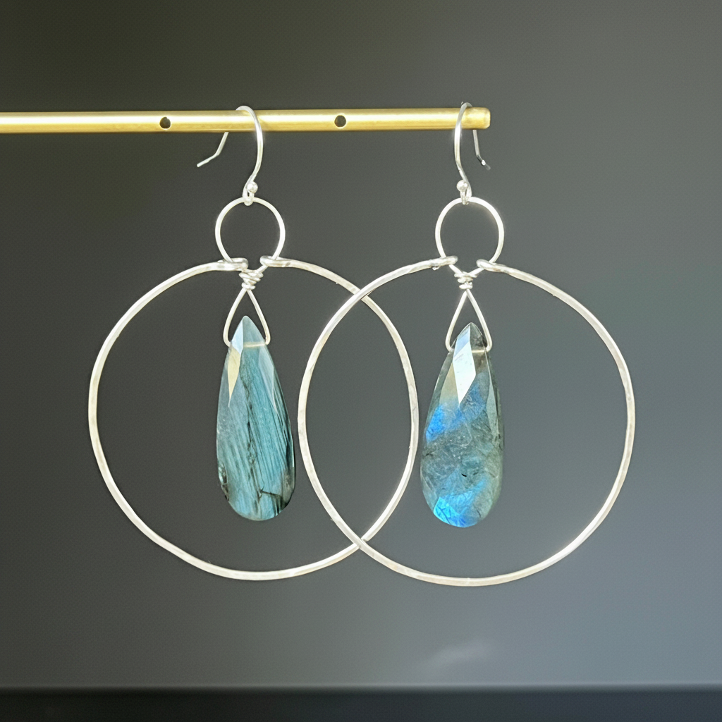 Cameron Earrings - hand-polished labradorite hoop earrings in sterling silver, editorial product photo