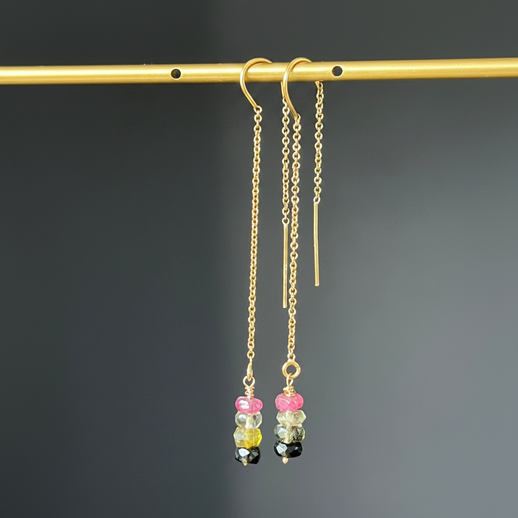 Multi Tourmaline Threader Earrings - delicate gold-filled threader earrings with multi-colored tourmaline gemstones, editorial product photo
