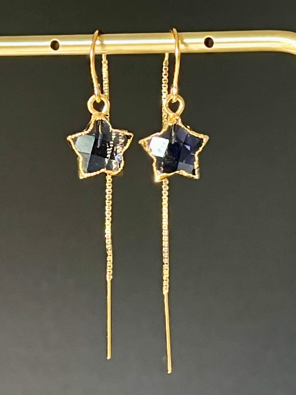 Hand cut iolite star earrings on 14K gold fill threader wire, violet-grey stone
