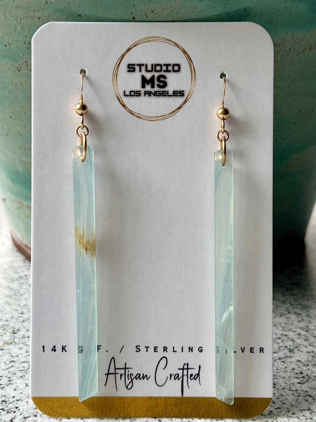 Lemurian calcite long bar earrings on Studio MS Los Angeles jewelry card, labeled 14K Gold Fill, Sterling Silver, Artisan Crafted