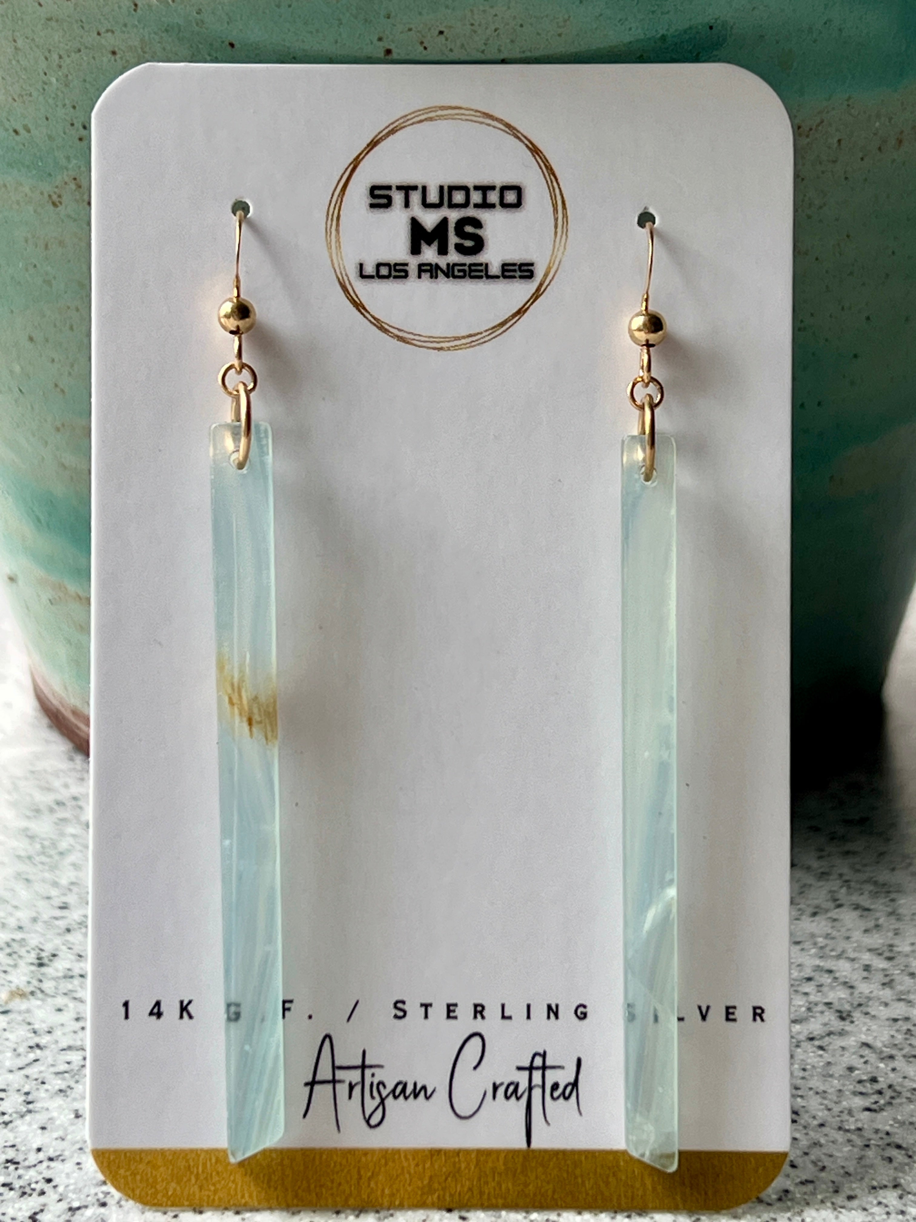 Lemurian calcite long bar earrings on Studio MS Los Angeles jewelry card, labeled 14K Gold Fill, Sterling Silver, Artisan Crafted