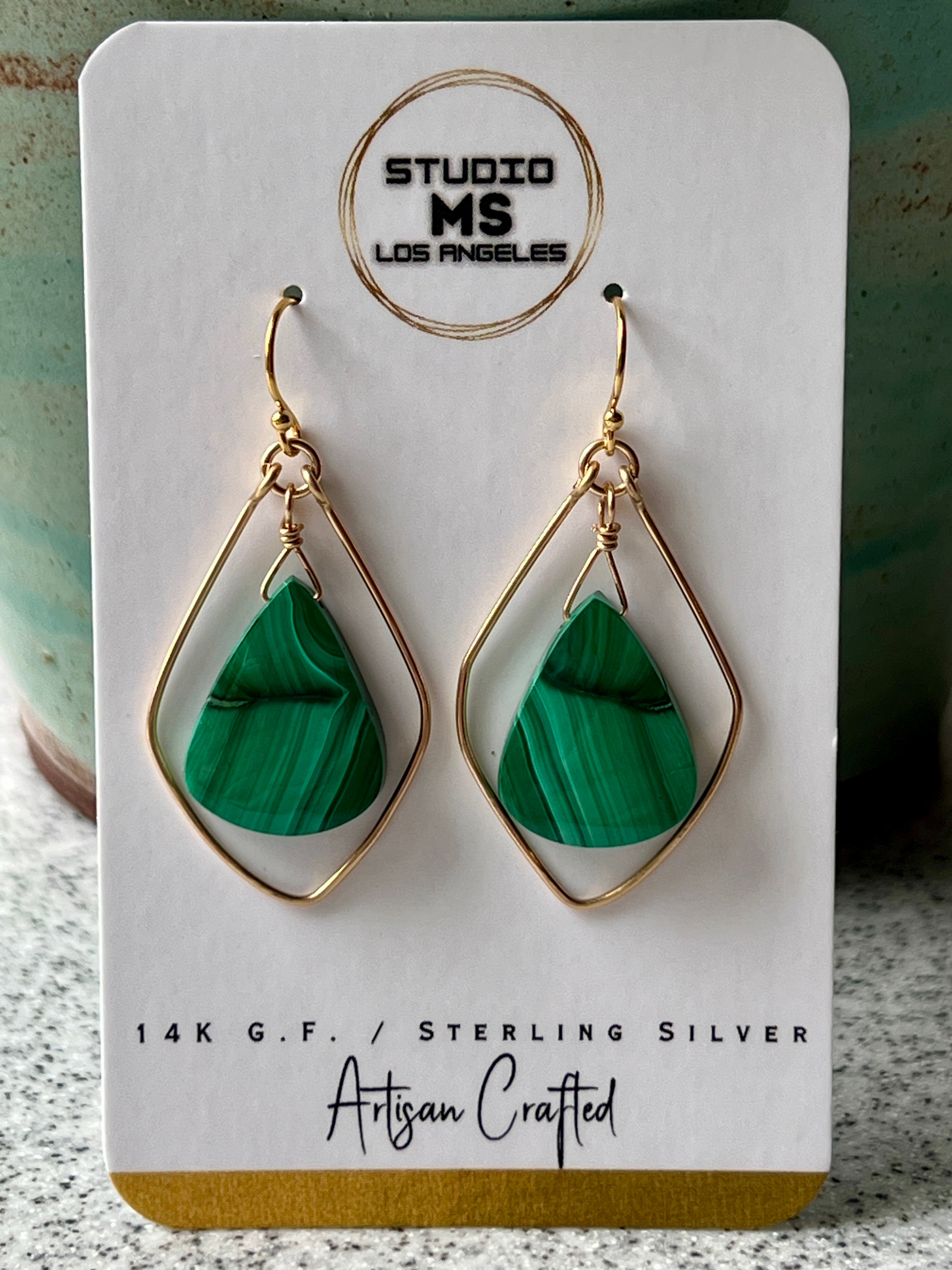 Studio MS malachite earrings in 14K gold fill with anti-tarnish bag, indie jewelry