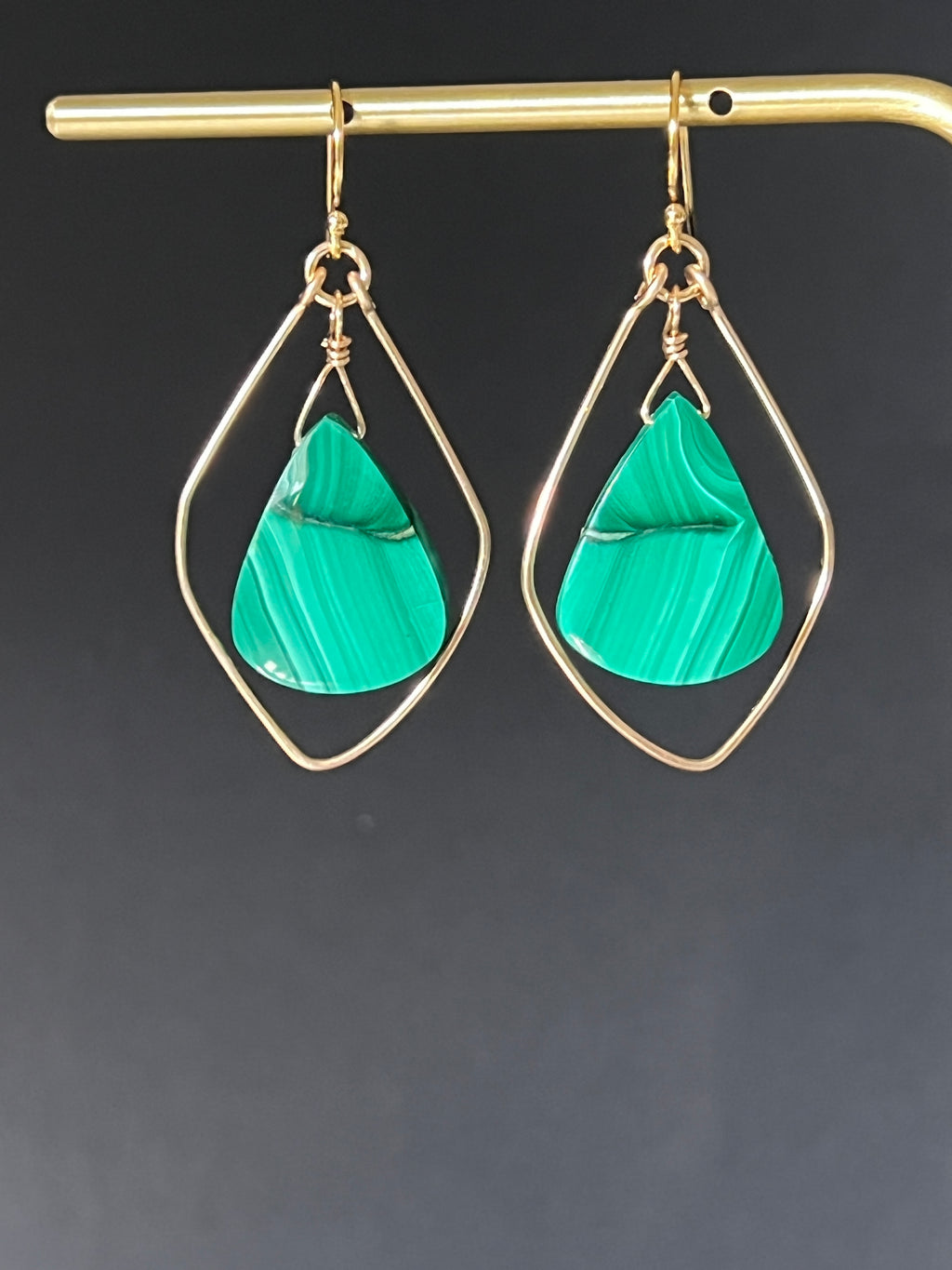 Hand formed 14K gold fill teardrop earrings with malachite briolette, one of a kind