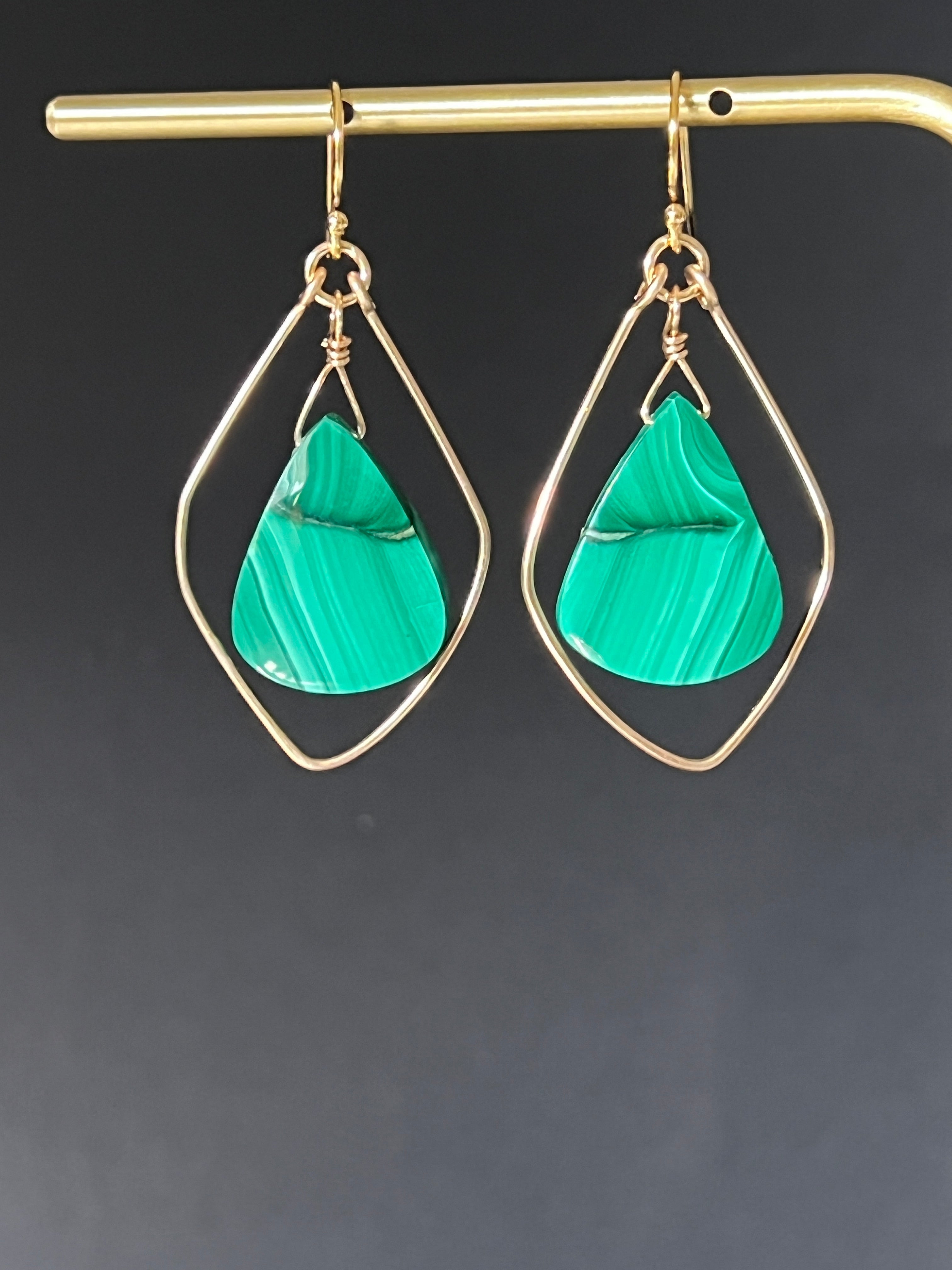 Hand formed 14K gold fill teardrop earrings with malachite briolette, one of a kind