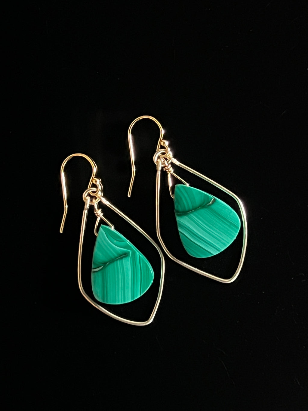 Malachite freeform earrings with deep green banding in 14K gold fill wire frame
