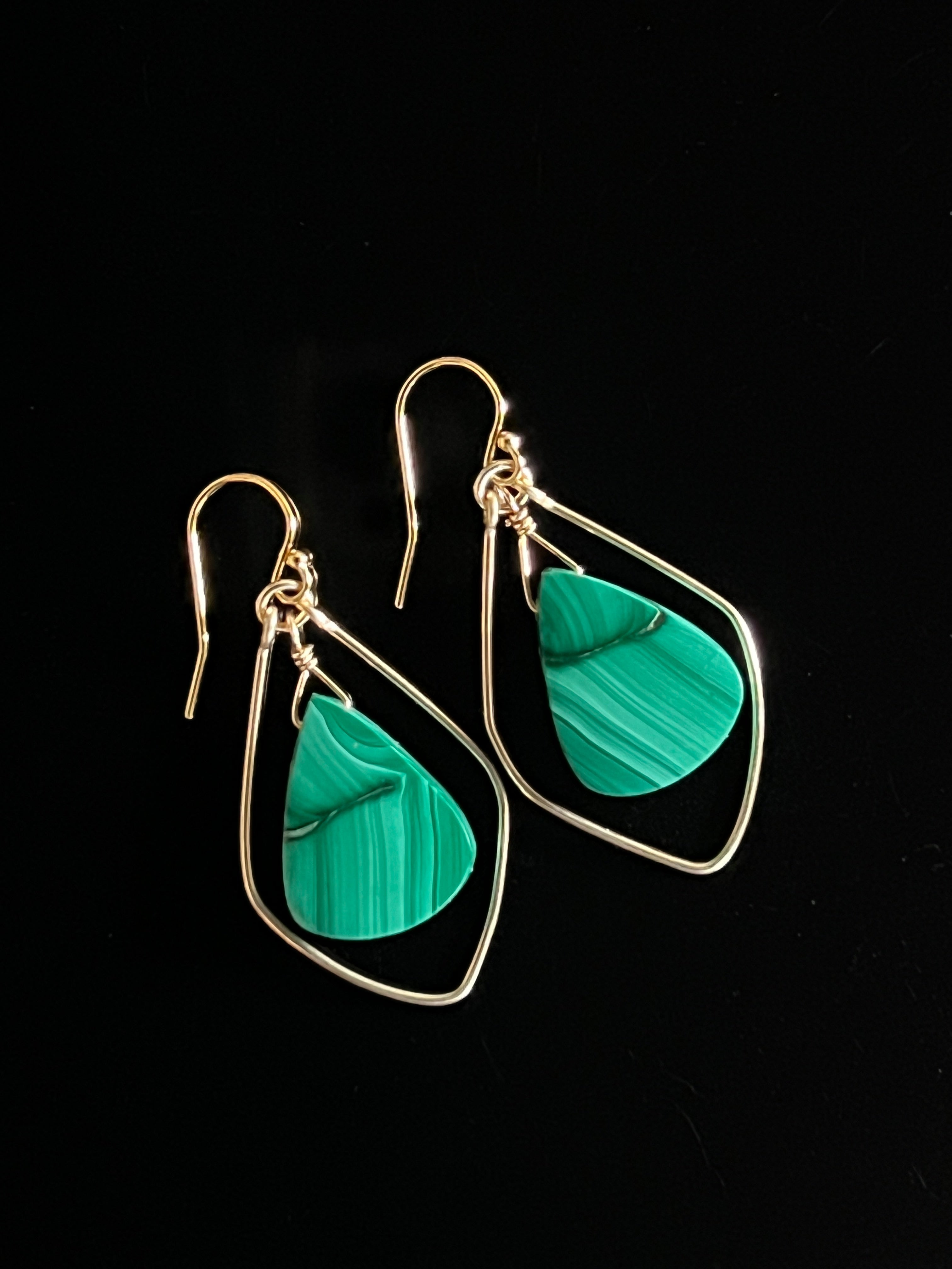 Malachite freeform earrings with deep green banding in 14K gold fill wire frame

