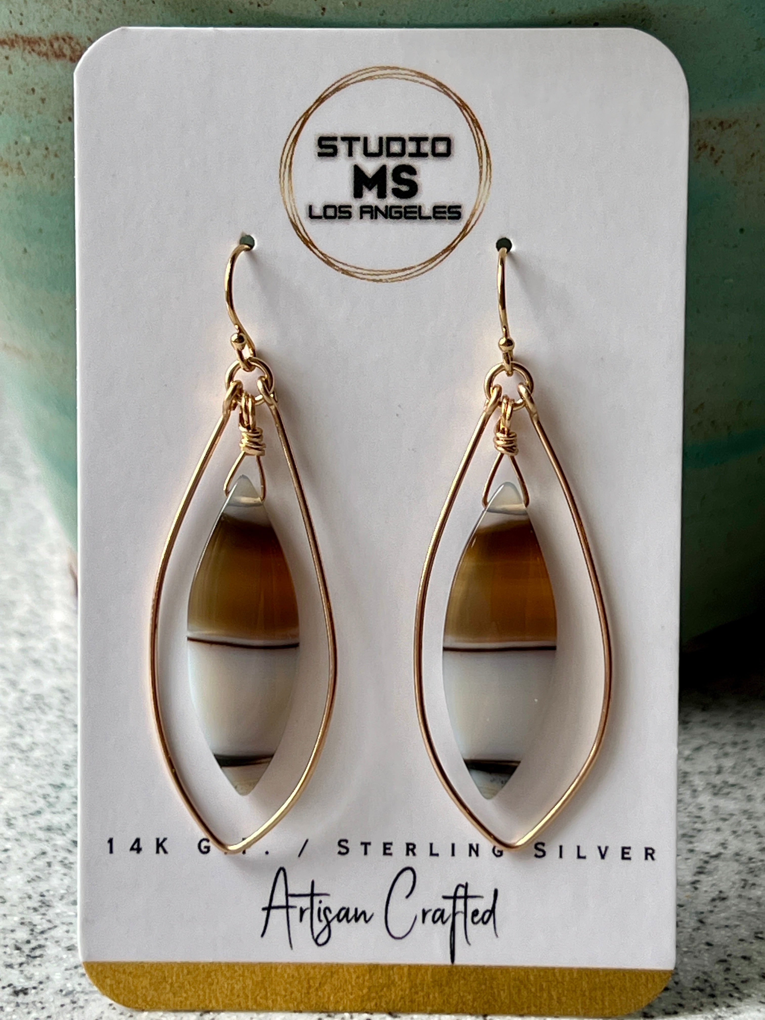 Studio MS Montana agate earrings in 14K gold fill with anti-tarnish bag, indie jewelry