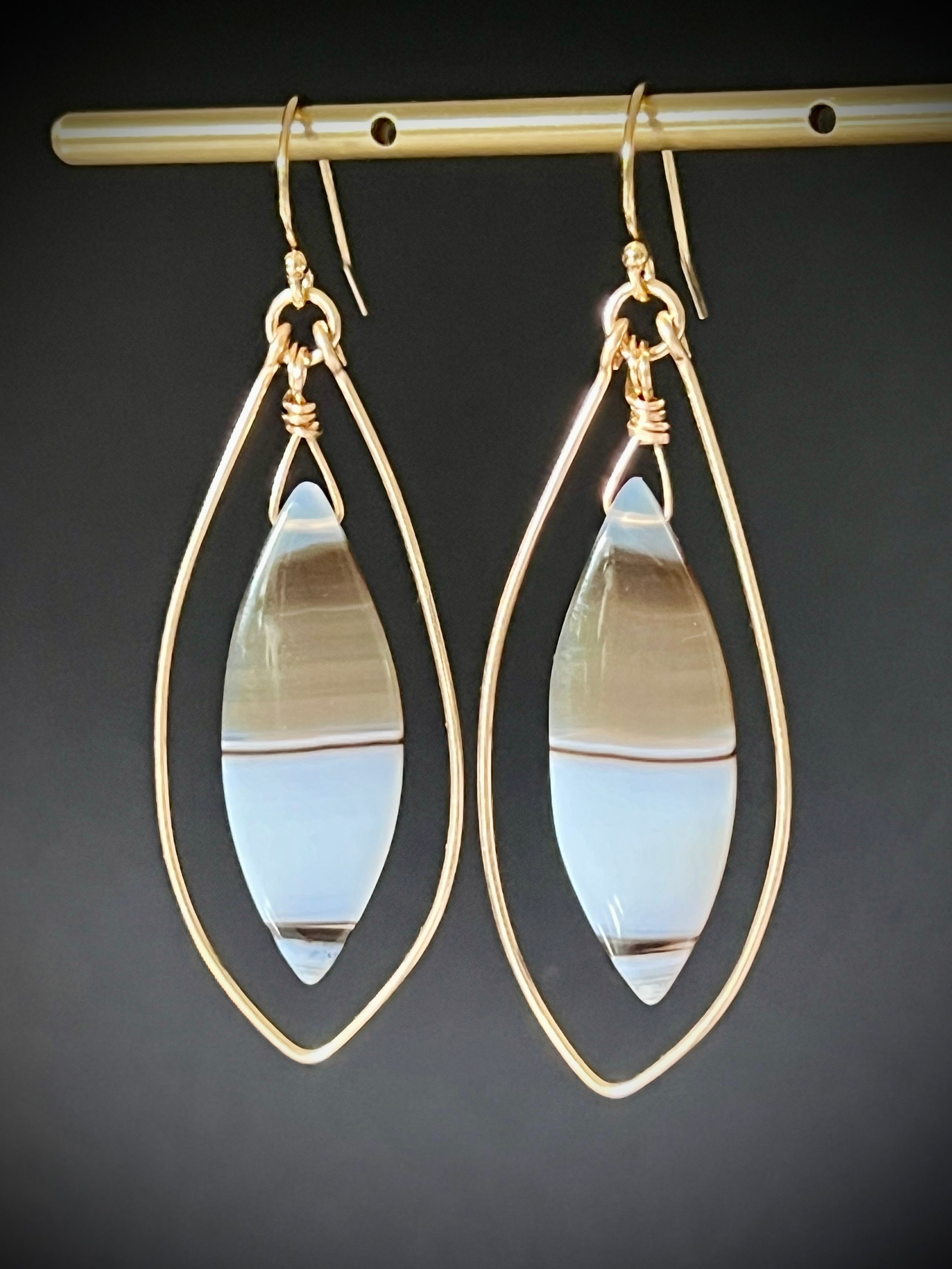 One of a kind Montana agate earrings with hammered 14K gold fill wire wrap by Studio MS Indie Jewlelry