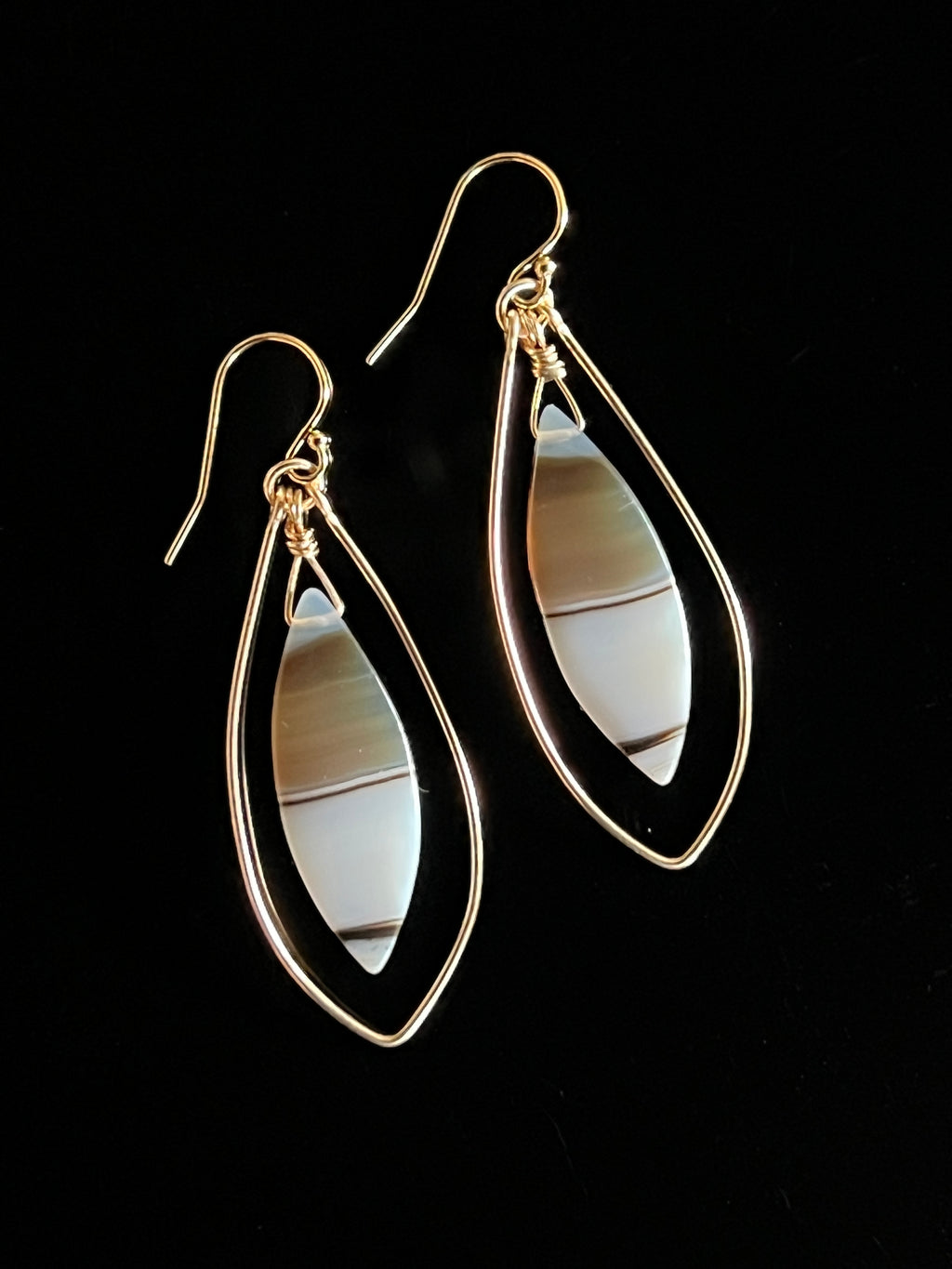 Hand cut Montana agate cabochon earrings with grey and brown banding, 14K gold filled by Studio MS Indie Jewlery

