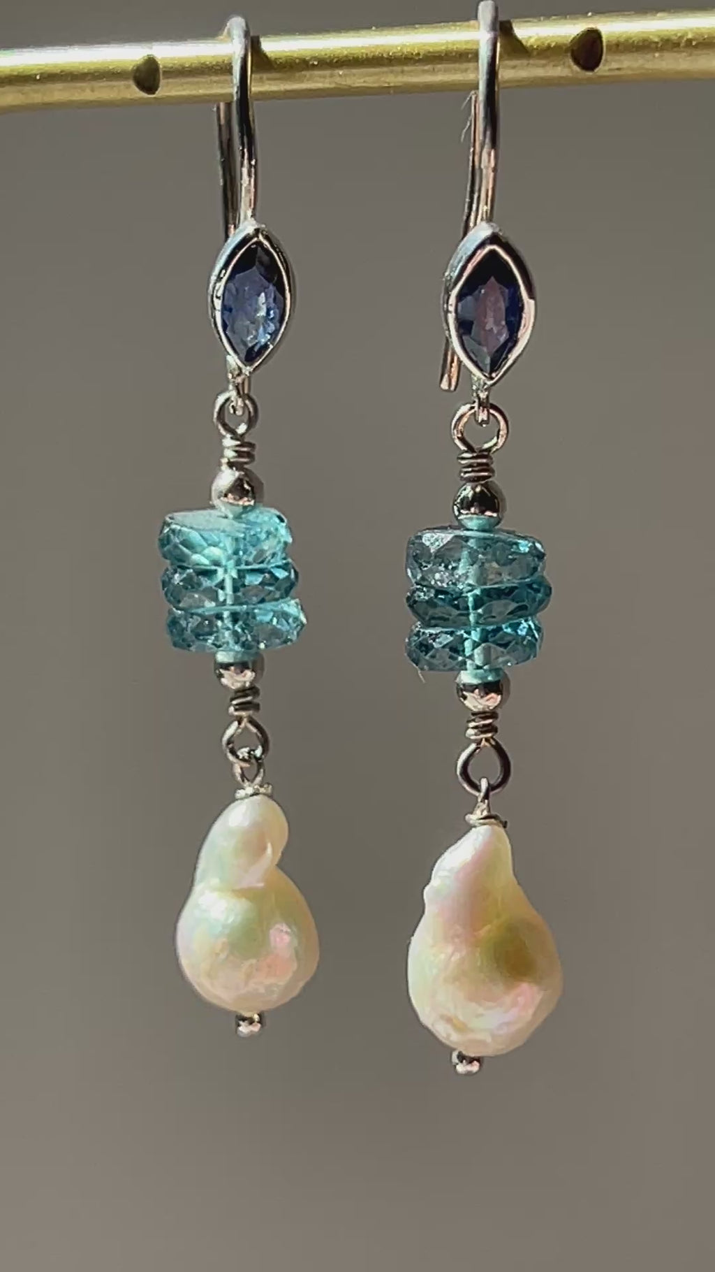 Saphire, Blue Topaz & Baroque Pearl Earrings