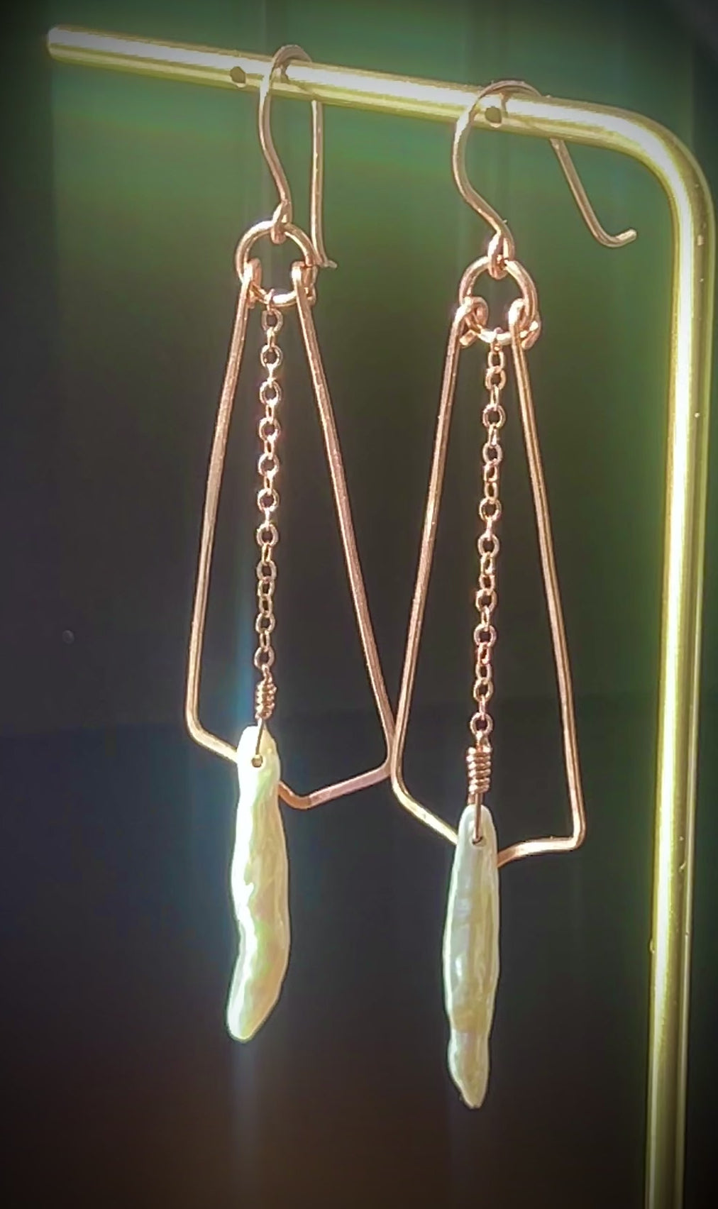 Romantic Stick Pearl and 14K Rose Gold Filled Dangle Earrings by Studio MS Indie Jewelry