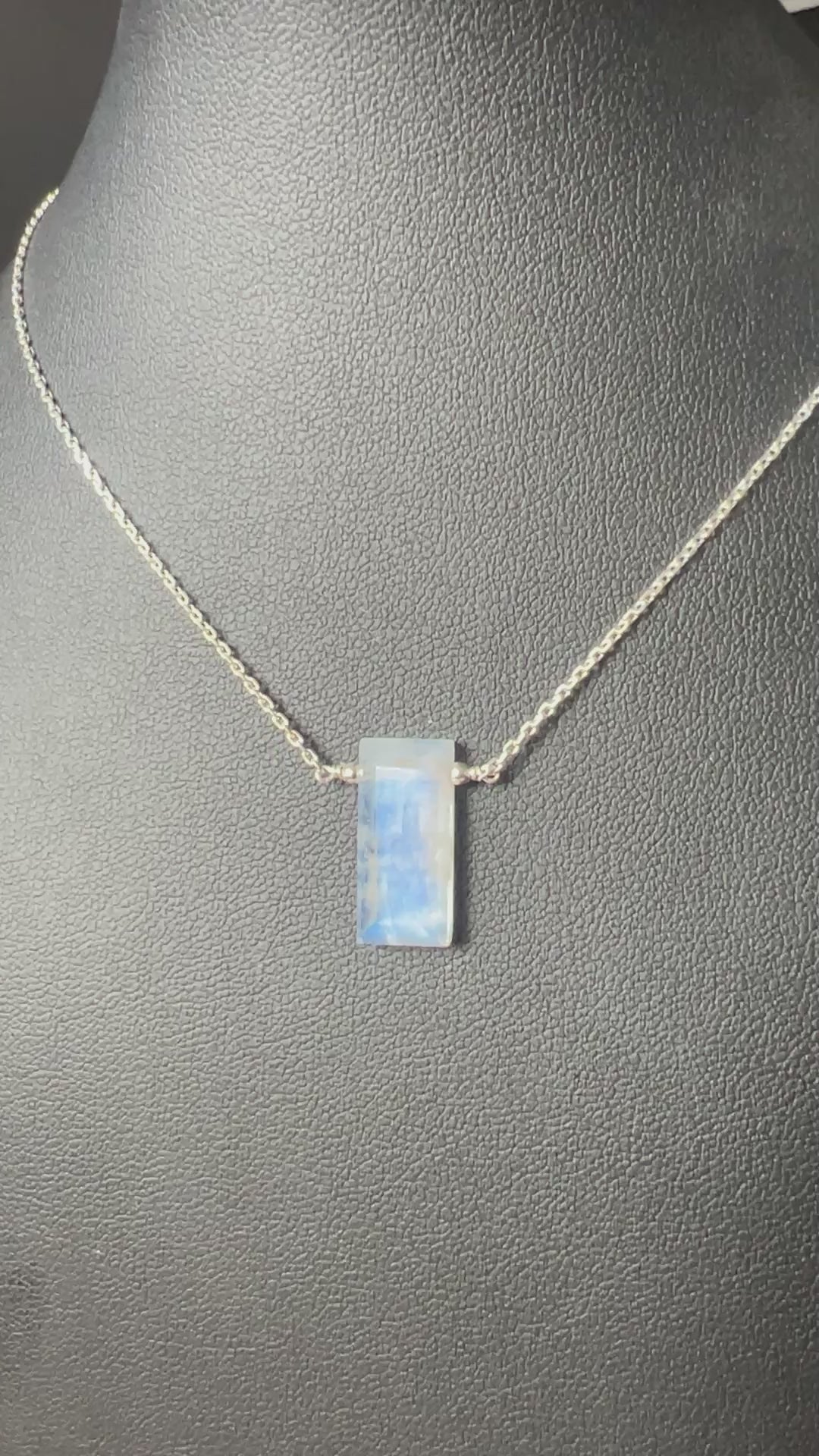 Delicate Rainbow Moonstone Bar Necklace in Sterling Silver