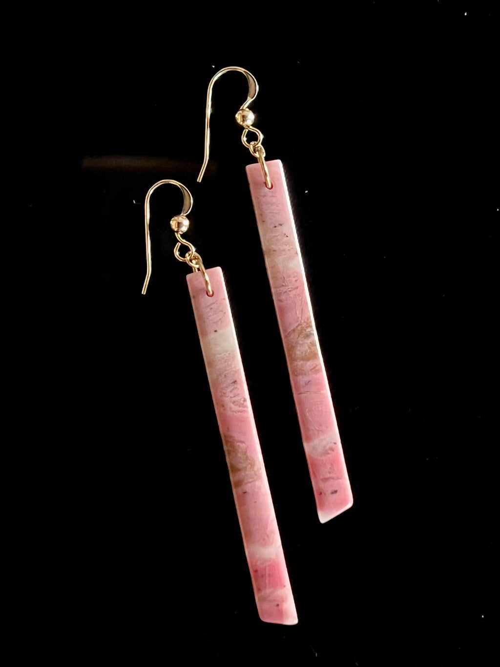 Hand cut rhodonite in quartz bar earrings with pink and terracotta banding, 14K gold filled
