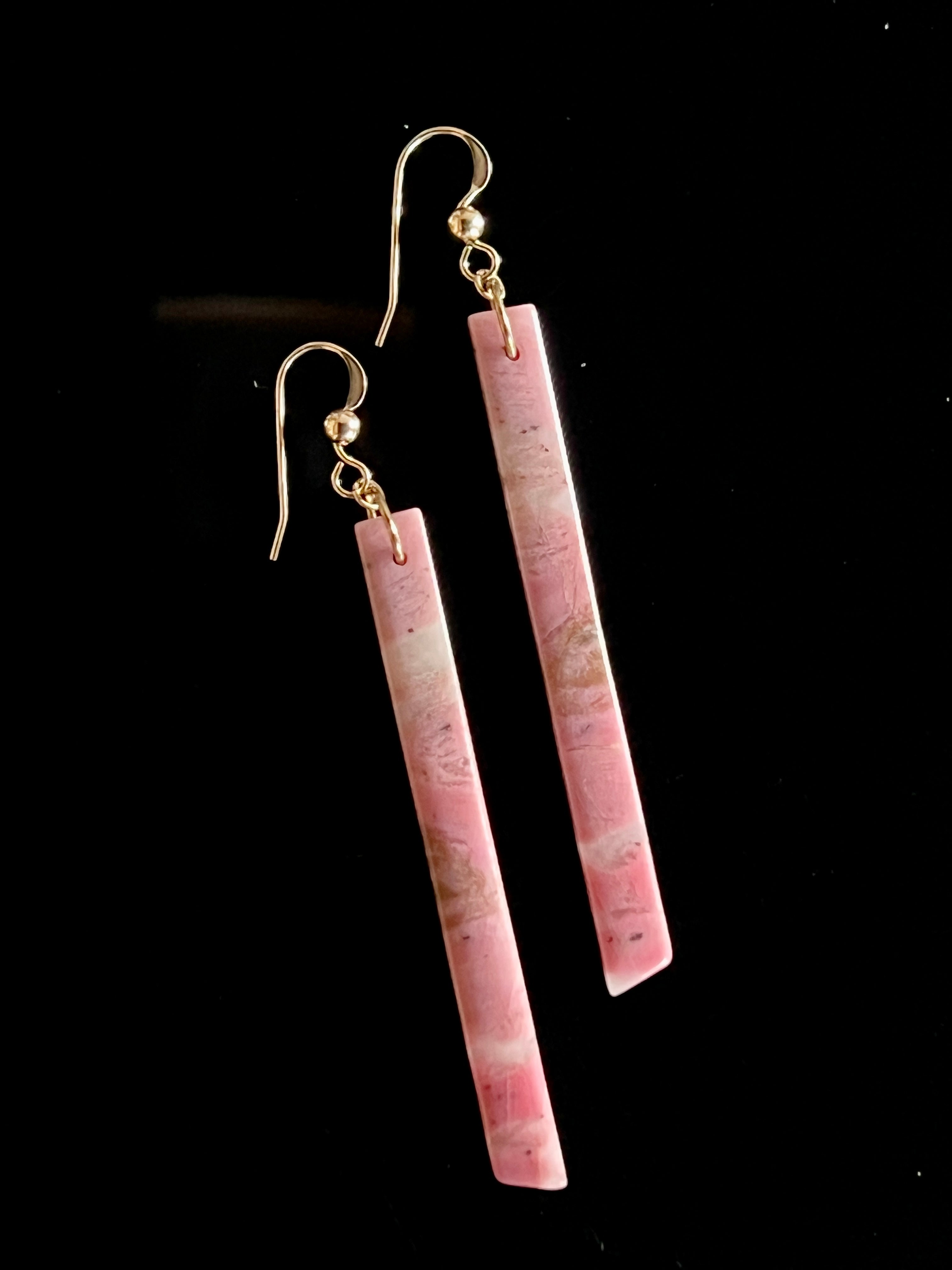 Hand cut rhodonite in quartz bar earrings with pink and terracotta banding, 14K gold filled
