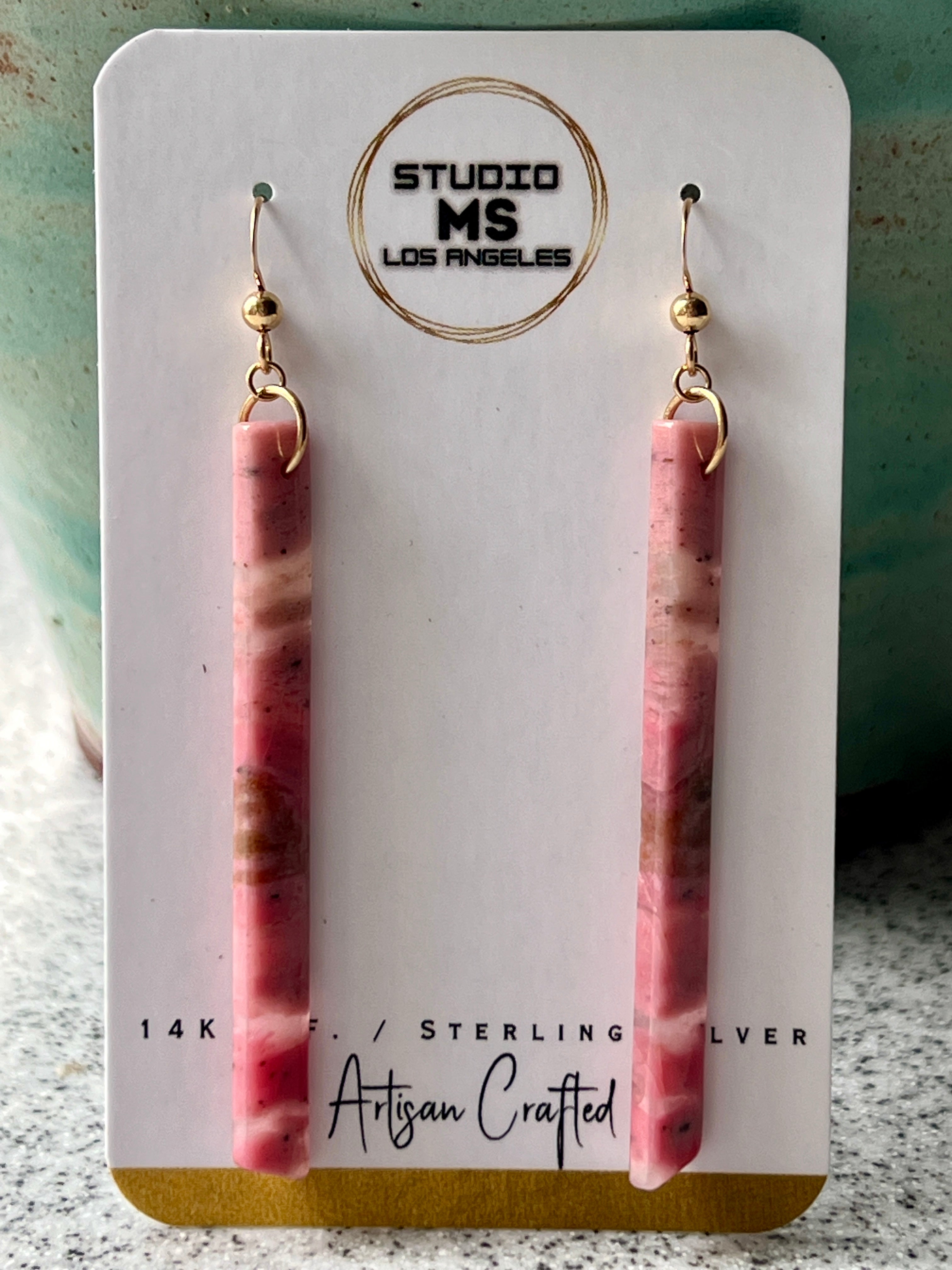 Studio MS rhodonite in quartz earrings in anti-tarnish packaging, handmade indie jewelry