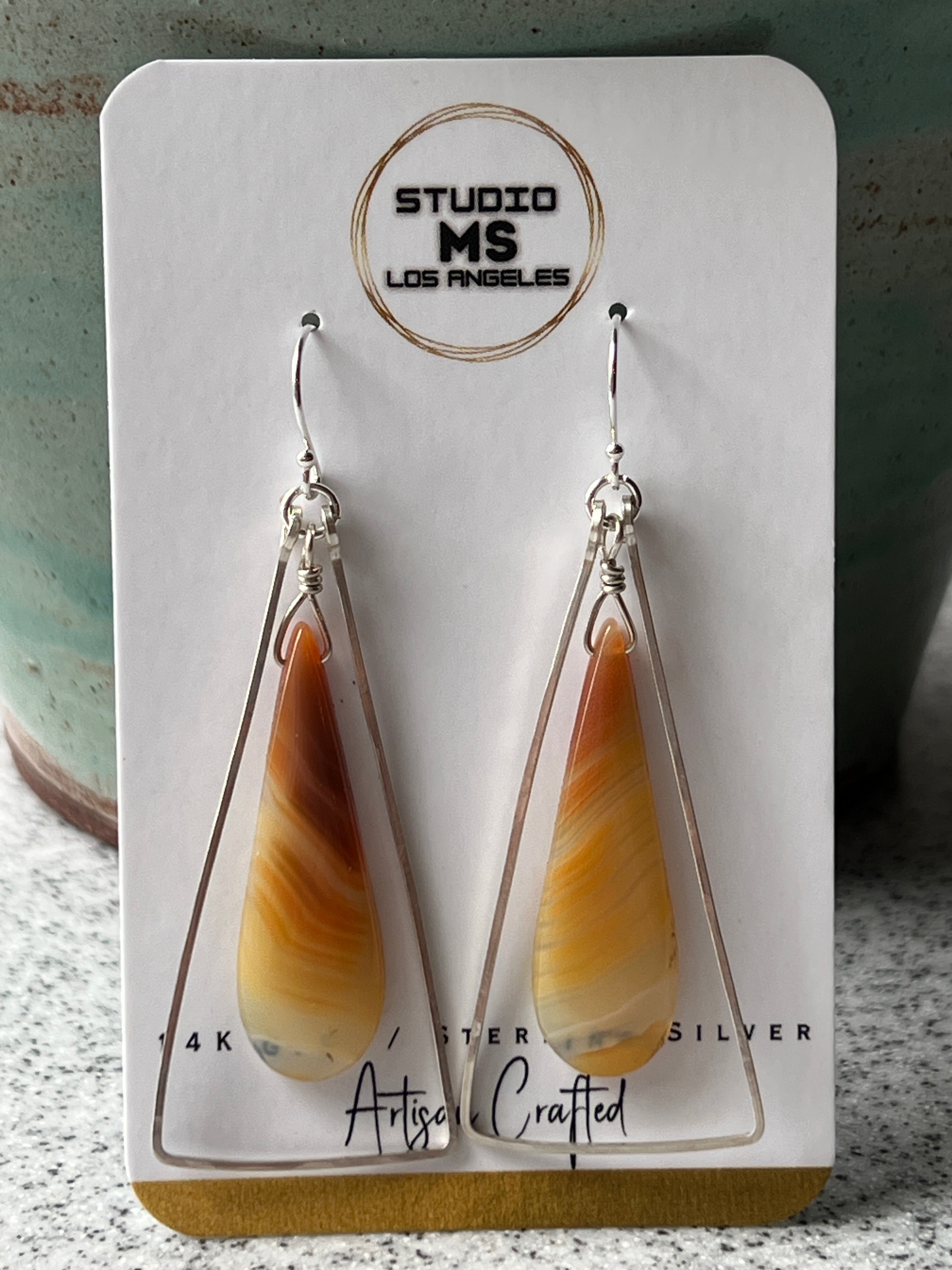 Studio MS sardonyx sterling silver earrings in anti-tarnish packaging, indie jewelry